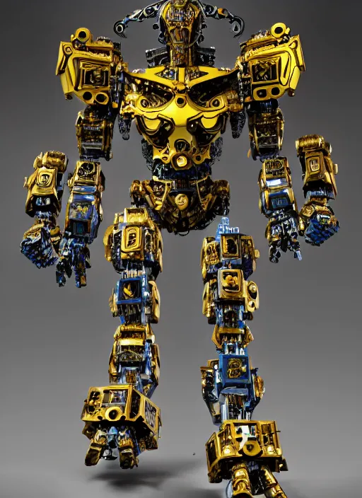 Image similar to a intricate ornate boxing humanoid mecha, punk, by war robots, real steel ( 2 0 1 1 ), westworld and pacific rim movie and ps 5 game machine warrior 5, cryengine, frostbite 3 engine, blue and yellow scheme, sharp focus, 8 k, high definition, insanely detailed, soft lighting, smooth face