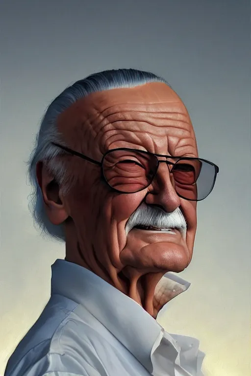 Prompt: full figure Stan Lee on a caravaggio cloudy background, intricate, elegant, highly detailed, artstation, concept art, smooth, sharp focus, illustration, , digital art from artstation, digital art from deviantart, by Stjepan Sejic, Ruan Jia, and Mandy Jurgens, and Artgerm, and william adolphe bouguereau