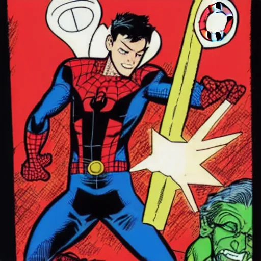 Prompt: peter parker holding mjolnir, marvel, comics, stan lee, jim lee, jack kirby, steve ditko