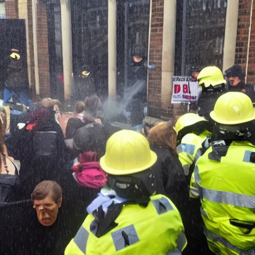 Prompt: a strong british protesters in london the weather is raining some of the protesters are burning down building