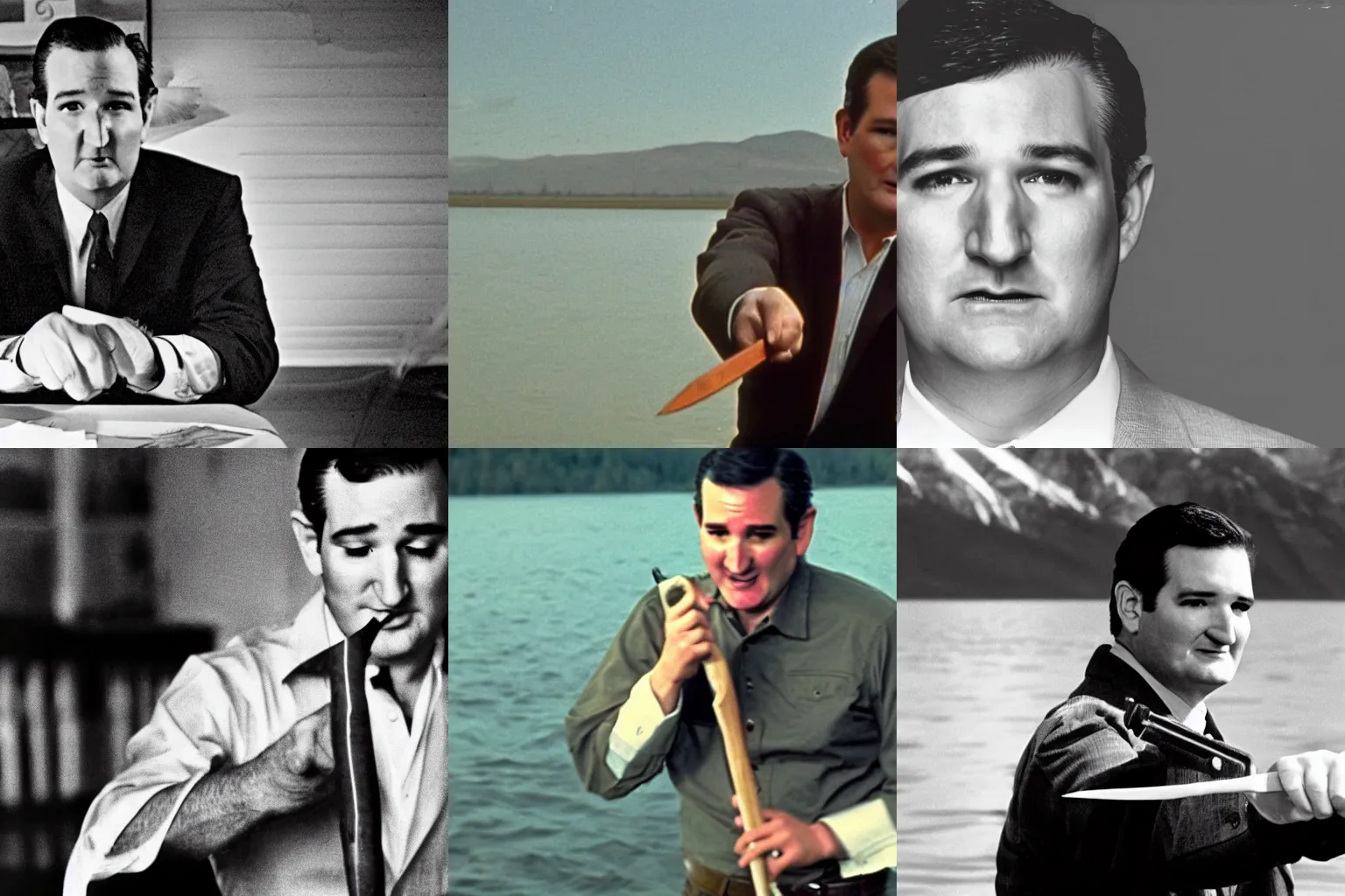 Prompt: Film still depicting Ted Cruz as the Zodiac Killer by a lake, holding a knife with intent to stab (1969)