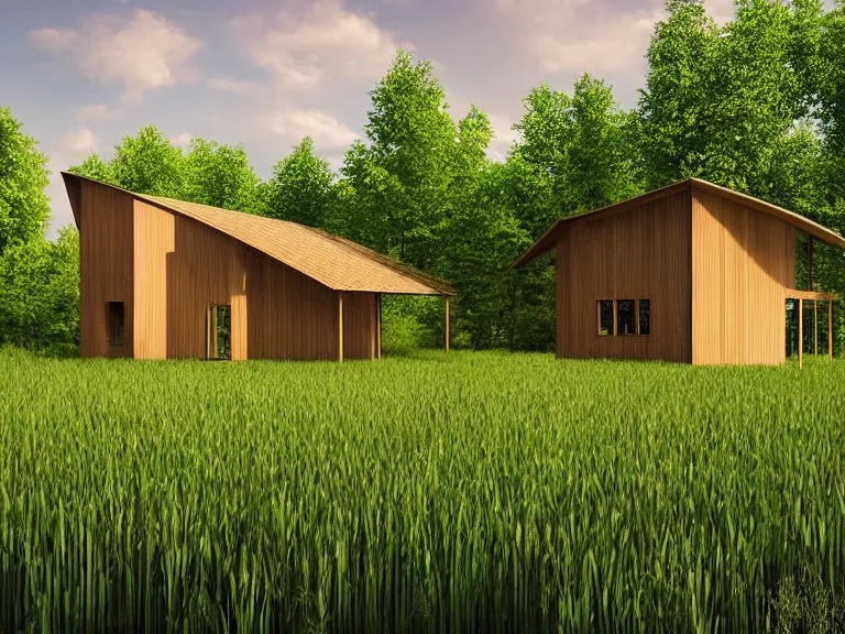 Image similar to hyperrealism design of beautiful eco house around the forest in small ukrainian village by taras shevchenko, wheat field behind the house