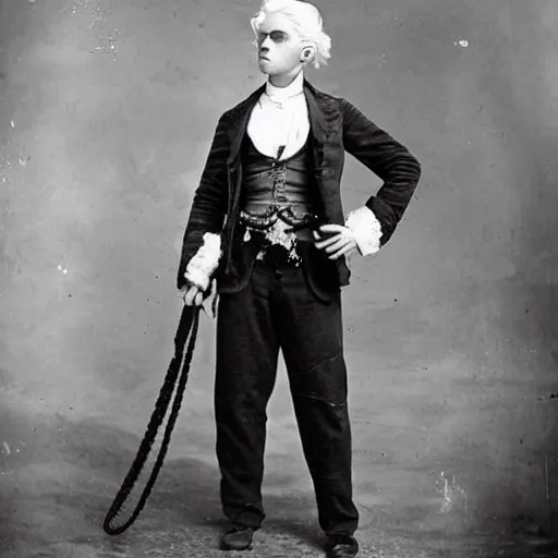 Prompt: a handsome young man with white hair in a steampunk outfit, 1900's Photography