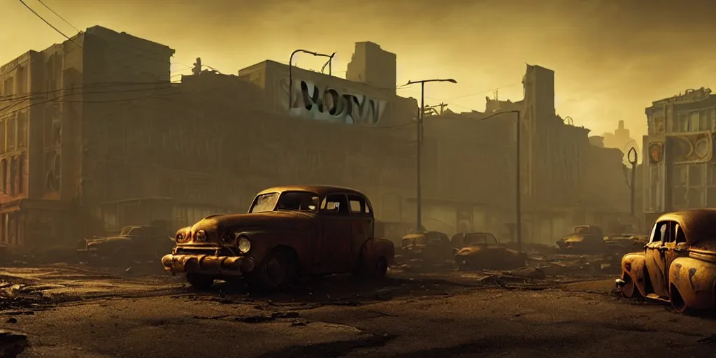 Image similar to fallout 5, ruined city environment, low density small town, rusted vintage cars and trucks, mysterious atmospheric lighting, matte painting, intricate, iridescent, volumetric lighting, beautiful, rich deep colours masterpiece, fog golden hour, golden ratio, sharp focus, ultra detailed, by leesha hannigan, ross tran, thierry doizon, kai carpenter, ignacio fernandez rios