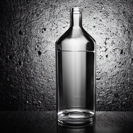 Prompt: an award - winning photo of a translucent glass vodka bottle heavily inspired by a propane cylinder in a grungy warehouse, dramatic lighting, sigma 2 4 mm, wide angle lens, ƒ / 8, behance
