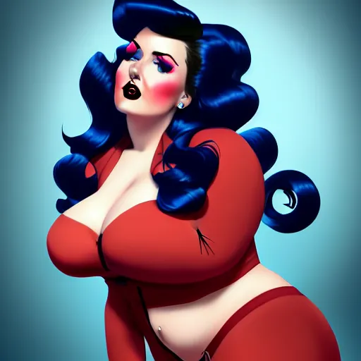 Image similar to rockabilly curvy woman long hair, blonde, blue eyes, wholesome, country, southern, digital art, cinematic, concept art, 8k, painting, imaginefx, cgsociety, trending on artstation, wide shot, full shot