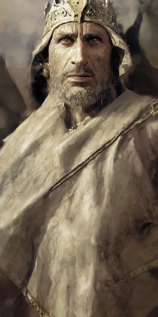 Image similar to a character study of the ancient historical biblical evil pagan king ahab of Israel by craig mullins and marc simonetti, Ross Tran and WLOP, by Andrew Wyeth and Gerald Brom, In the style of John singer Sargent and James gurney, ARTSTATION, cgsociety, polycount, character design, CINEMATIC, AWE INSPIRING, BEAUTIFUL, ART GERM