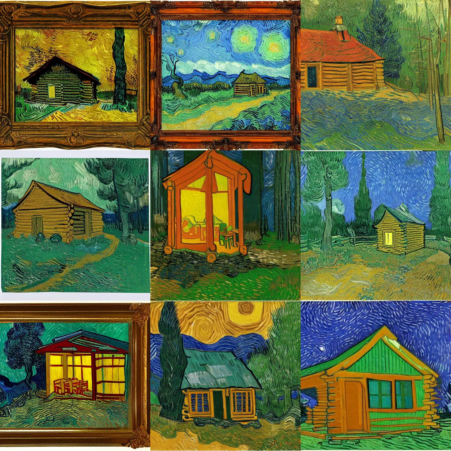 Prompt: [ a log cabin in the forest ] [ van gogh ] [ intimate ]