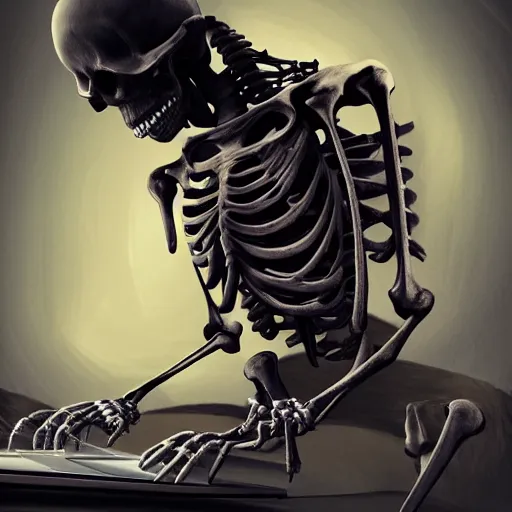 Prompt: a skeleton wearing a black sweater playing on his pc, digital art, trending on artstation, nicely detailed, 8k