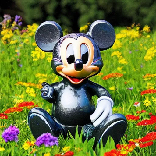 Prompt: overgrown micky mouse statue, a flower meadow, iridescent, bleeple