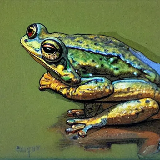 Image similar to 🐸 drinking ☕ by james gurney.