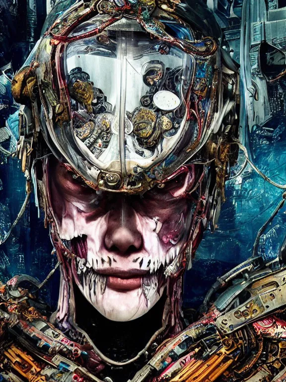 Prompt: portrait art of 8k ultra realistic undead corrupted ghost in the shell , ornate intricate, smashed glass helmet , detailed intricate ornate armour,decaying, cybernetic, full of colour, cinematic lighting, battered, trending on artstation, 4k, hyperrealistic, focused, extreme details,unreal engine 5, cinematic, masterpiece, art by ayami kojima, giger