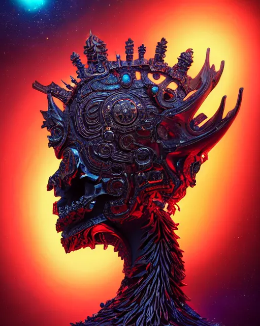 Image similar to 3 d ornate carved dark cosmic king with profile portrait, sigma 5 0 0 mm f / 5. beautiful intricate highly detailed quetzalcoatl skull. bioluminescent, plasma, lava, ice, water, wind, creature, thunderstorm! artwork by tooth wu and wlop and beeple and greg rutkowski, 8 k trending on artstation