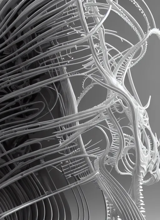 Prompt: hyper detailed ultra sharp portrait of a beautiful well contoured porcelain ivory smooth fair subconscious god flagella, up close shot, sharp focus, global illumination, radiant light, biomechanical white silver gold rhizomorphs, cyberpunk brackets, alexandre ferra white mecha, irakli nadar, alexander mcqueen, octane highly render, 4 k, ultra hd,