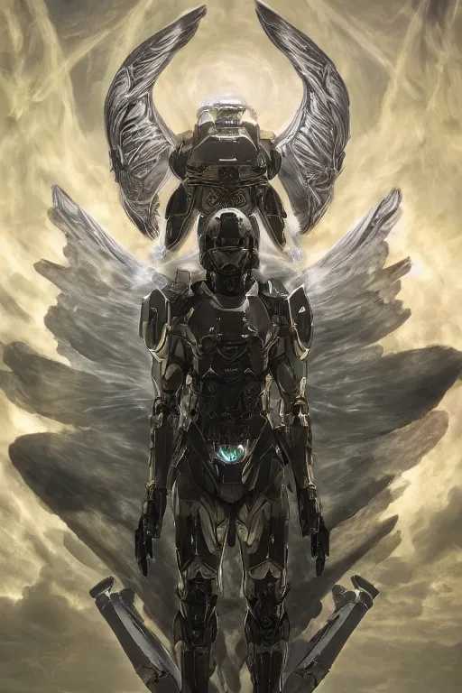 Image similar to portrait of master chief as a one winged angel with a halo behind her, catholic religious art, ornate fractal cloud, sacred, nebula, halo, strong, seductive, imposing, biomechanical, biblical, by moebius and greg rutkowski and artgerm, octane render, trending on artstation