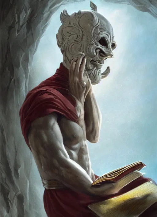 Prompt: Magic Floating Thespian Mask reading a book, no body, bodyless, Ivan Aivakovsky, Boris Vallejo, epic fantasy character art, D&D Concept Art, full length, Realistic, Regal, Refined, Detailed Digital Art, Oil Paining, Exquisite detail, post-processing, masterpiece, Cinematic Lighting, Unreal Engine, 8k, HD, Stanley Artgerm Lau, WLOP, Rossdraws, Frank Frazetta, Andrei Riabovitchev, Marc Simonetti, trending on artstation