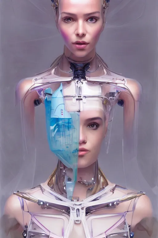 Prompt: a beautiful half body image of a futuristic android with body made of translucent plastic, long hair made of colored cellophane with mechanical internal parts, symmetrical and realistic proportions by Irakli Nadar, tom bagshaw, Charlie Bowater with details by Jason Felix, furio tedeschi, face by ilya kuvshinov, artgerm, cinematic backlit lighting, beauty retouch, elite, photo realistic, octane render, hyper real, ultra detailed, trending on artstation pinterest and deviantart