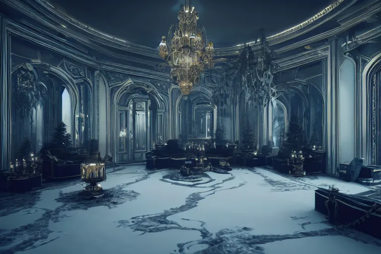 Prompt: luxurious winter palace interior, dark deco sci fi, 8k hd concept art, hyperrealistic, ultra detailed, cinematic, cinematic lighting, featured on artstation, octane render