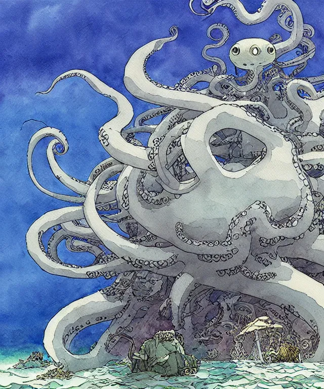 Image similar to a hyperrealist studio ghibli watercolor fantasy concept art of a giant grey octopus sitting on top of stonehenge underwater. by rebecca guay, michael kaluta, charles vess