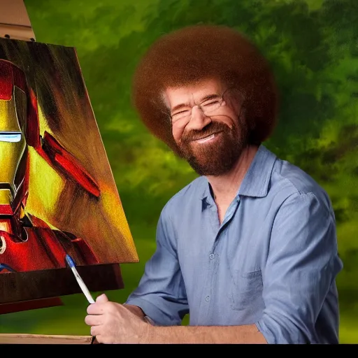 Prompt: a closeup photorealistic photograph of bob ross with a paintbrush, diligently finishing a canvas painting of iron man. mountains and trees. film still. brightly lit scene. this 4 k hd image is trending on artstation, featured on behance, well - rendered, extra crisp, features intricate detail, epic composition and the style of unreal engine.