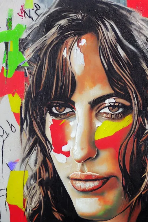 Image similar to oil painting, portrait of penelope cruz, wall with graffiti, splash painting, by bansky