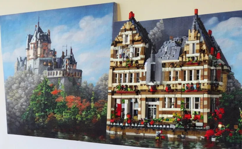 Image similar to a realistic French oil painting of a castle built from lego bricks