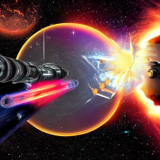 Image similar to Galactic War in space with Scary Space Crafts firing laser beams and destroying planets