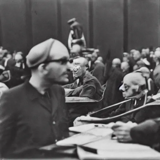 Prompt: pepe the frog at the nuremberg trials, 8k, newspaper photography