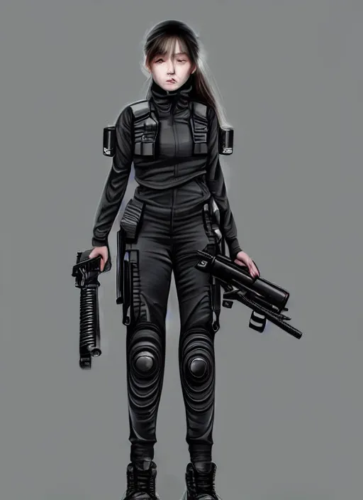 Image similar to full body portrait of a techwear uniform girl with guns. detailed face, concept art, digital art, intricate, highly detailed 8 k, smooth, sharp focus, beautiful and aesthetic shape of face and body, artgerm, artstation, art by zexi guo and nira and kafun and gharliera and rinotuna