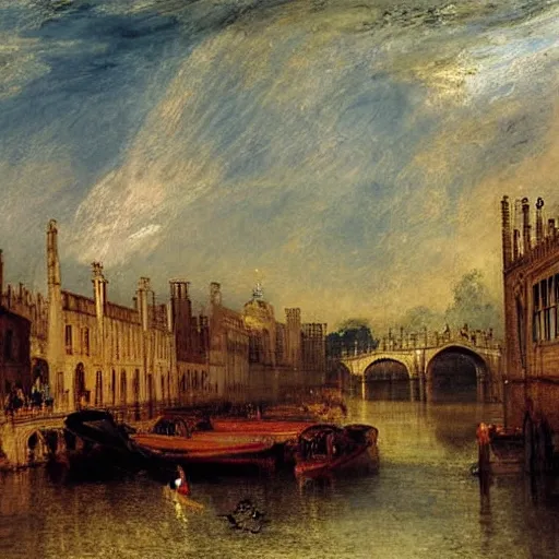 Prompt: a vibrant painting of punting boats in cambridge by william turner, detailed, art, 1 8 2 4, british museum, colorful, beautiful