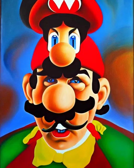 Image similar to salvador dali as mario bros, oil painting, vivid colors, photorealistic