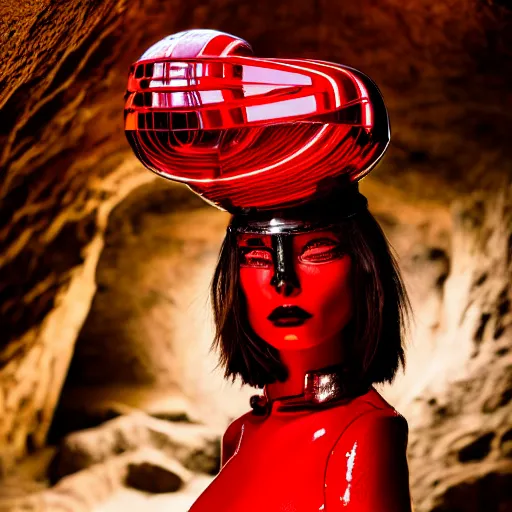 Image similar to female fashion model in year 3000 in a cave, model wearing a surreal Avant-garde helmet in red, dramatic lighting,photography , official Versace editorial , highly detailed