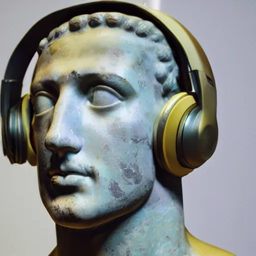 Image similar to a roman bust wearing headphones listening to music, in the stule of vaporwave