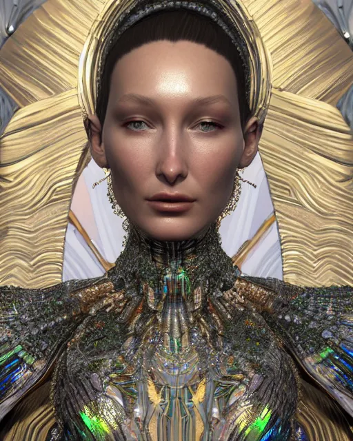 Image similar to a highly detailed metahuman 4 k close up render of an alien goddess bella hadid queen in iris van herpen dress schiaparelli in diamonds crystals swarovski and jewelry iridescent in style of alphonse mucha gustav klimt trending on artstation made in unreal engine 4