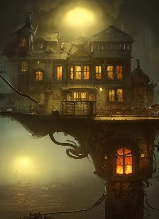 Image similar to glowing squid trying to eat a mansion in burning vapor dramatic lighting, artstation, matte painting, alexander fedosav, alexander jansson