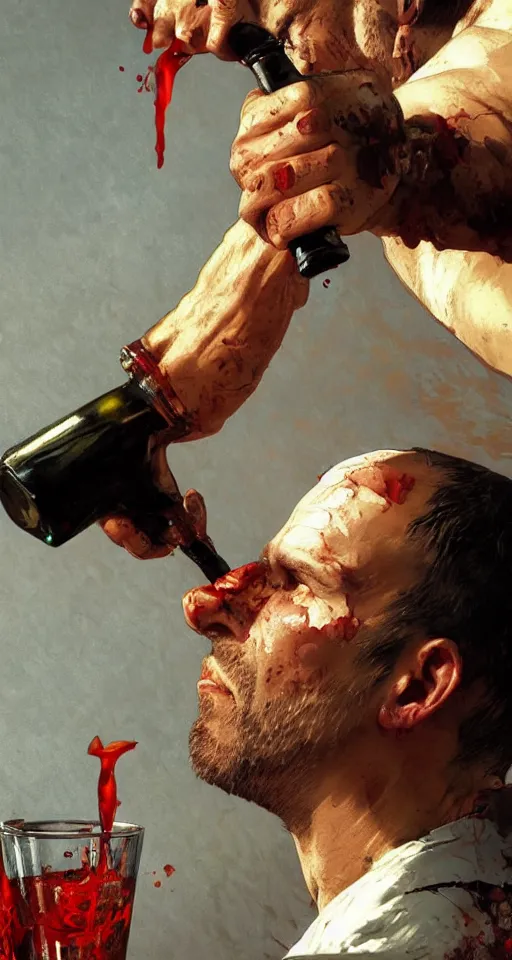 Image similar to close up of bloodied max payne pouring vodka, sun shining, photo realistic illustration by greg rutkowski, thomas kindkade, alphonse mucha, loish, norman rockwell.