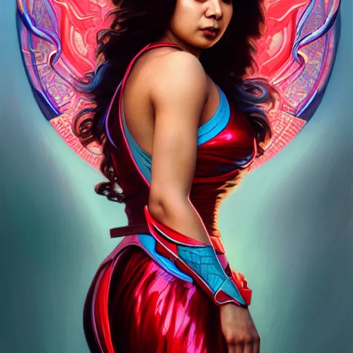 Image similar to angel locsin as darna, volumetric lights, red and cyan theme, art nouveau botanicals, intricate, highly detailed, digital painting, artstation, concept art, smooth, sharp focus, cinematic, illustration, beautiful face, art by artgerm and greg rutkowski and alphonse mucha