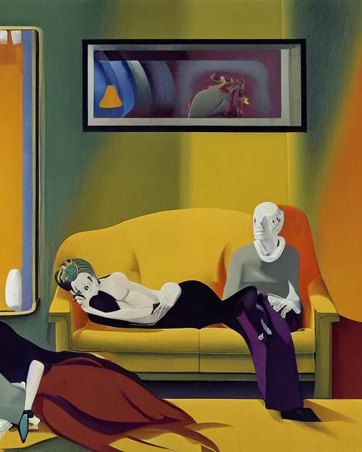 Prompt: old dead couple on couch watching a large obsidian television screen inside a yellow art deco interior room in the style of Francis Bacon and Syd Mead, open ceiling, highly detailed, painted by Francis Bacon and Edward Hopper, painted by James Gilleard, surrealism, airbrush, very coherent, triadic color scheme, art by Takato Yamamoto and James Jean