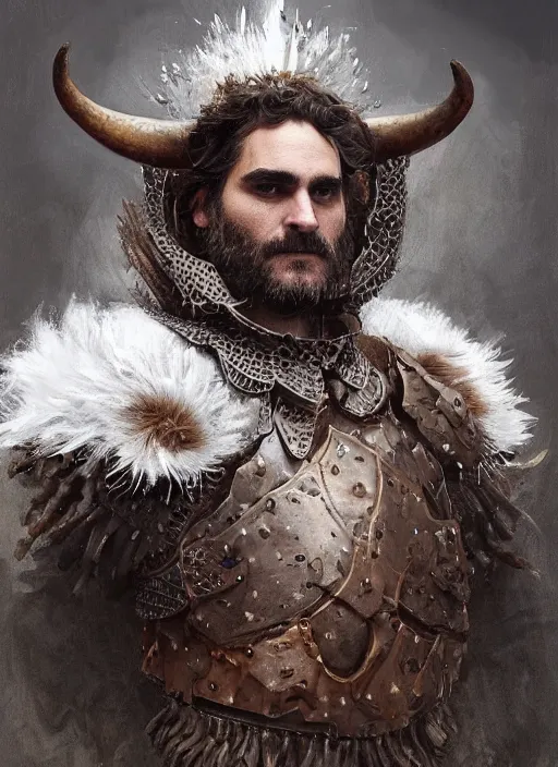 Image similar to digital painting of joaquin phoenix wearing armor made of animals, cow horns, pig nose, sheep wool, chicken feather armor, majestic, by anna podedworna and miklos ligeti, diego maricato, taran fiddler, antonino truisi, chris reddie, jinsung lim, on artstation