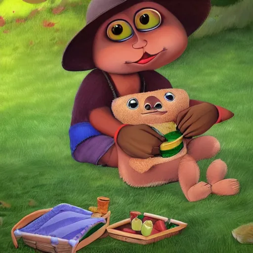 Prompt: Pepe the child and Gondola the child are sitting on a picnic in the park. High detail, masterpiece, trending on ArtStation, award winning.