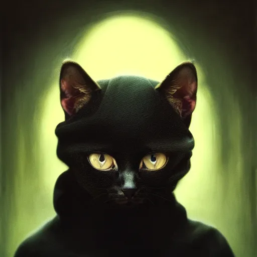 Image similar to a portrait of a kitten wearing a black hood, cloak covering face, anatomically correct, beautiful perfect face, enigmatic, oil painting, matte, black background, Volumetric dynamic lighting, Highly Detailed, Cinematic Lighting, Unreal Engine, 8k, HD, by Beksinski