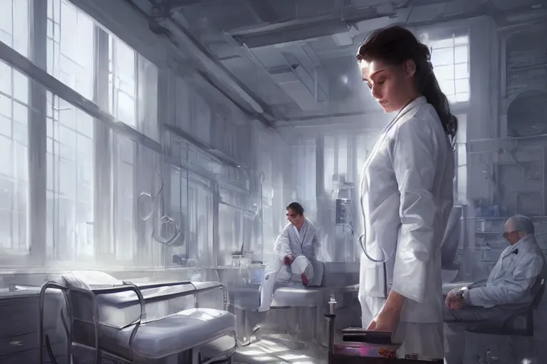 Image similar to a poster of emergency room, an elegant and beautiful female doctor in a white coat, cinematic, highly detailed, digital painting, artstation, concept art, matte, sharp focus, illustration, industrial light and magic, art by artgerm and greg rutkowski