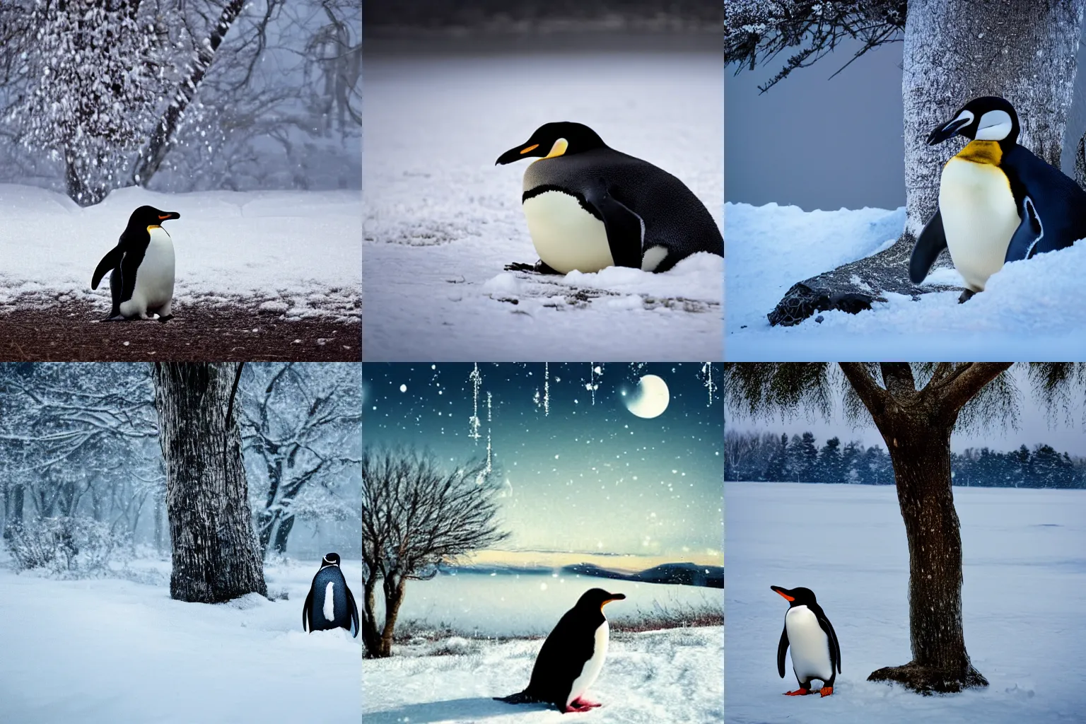 Prompt: penguin sitting and sleeping underneath a tree, snowy winter landscape