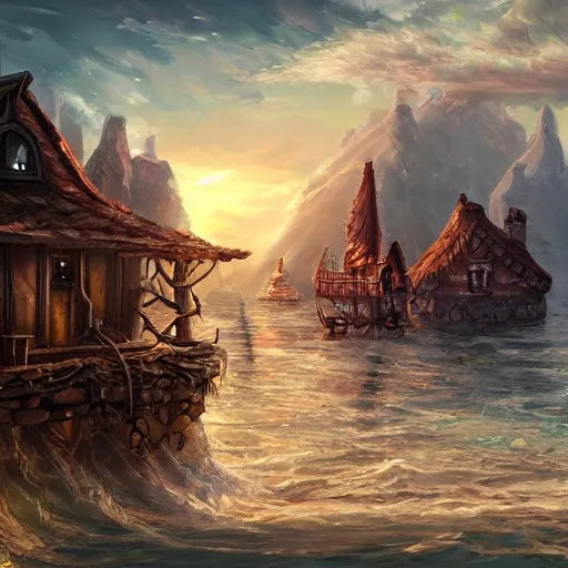 Prompt: a sea village, fantasy style, trending on artstation