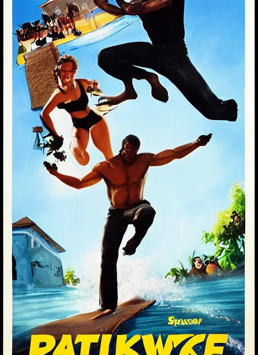 Image similar to Patrick Swayze, Ghanaian movie poster, romantic comedy, waterslide, Ninjas, highly detailed, HD, realism