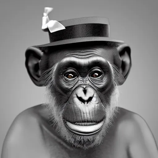 Image similar to photograph of a chimpanzee wearing a monocle and a top hat. 8 k. hyper real. trending on artstation trending on deviantart.