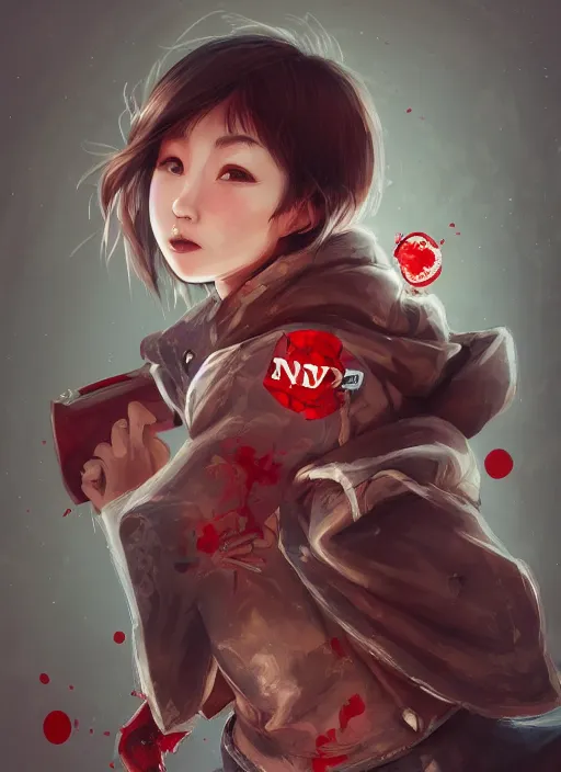 Image similar to a highly detailed illustration of short hair cute japanese girl wearing blood stained hoodie with the word nevada on it, dramatic smile pose, intricate, elegant, highly detailed, centered, digital painting, artstation, concept art, smooth, sharp focus, league of legends concept art, WLOP