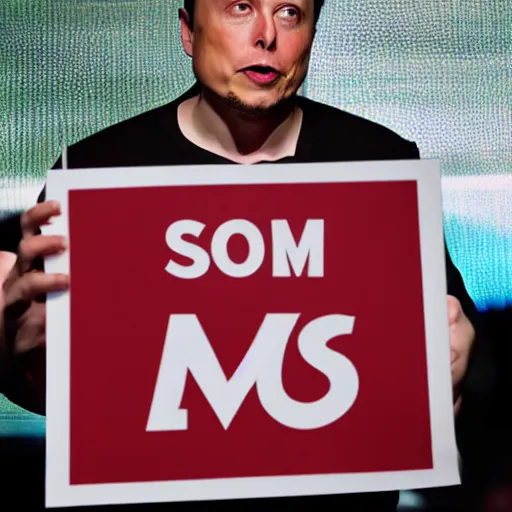 Image similar to a medium shot photograph of elon musk holding a sign with the word som on it, 4k, ultra HD