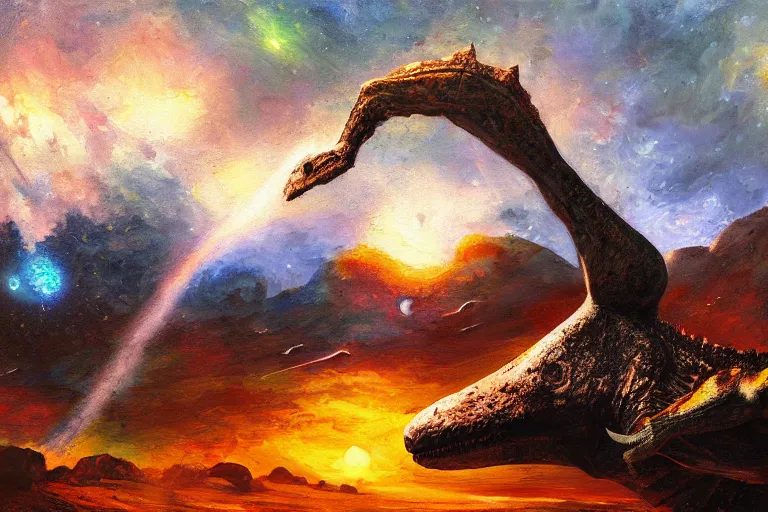 Prompt: Meteor impact behind a dinosaur, expressive oil painting, digital art, beautiful landscape, 4k