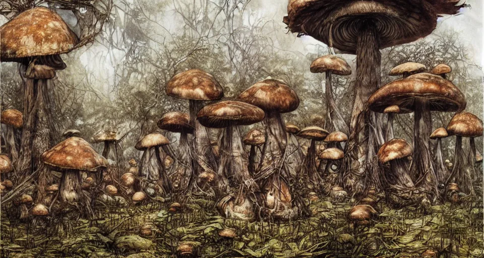 Prompt: A tribal village in a forest of giant mushrooms, by Luis Royo,